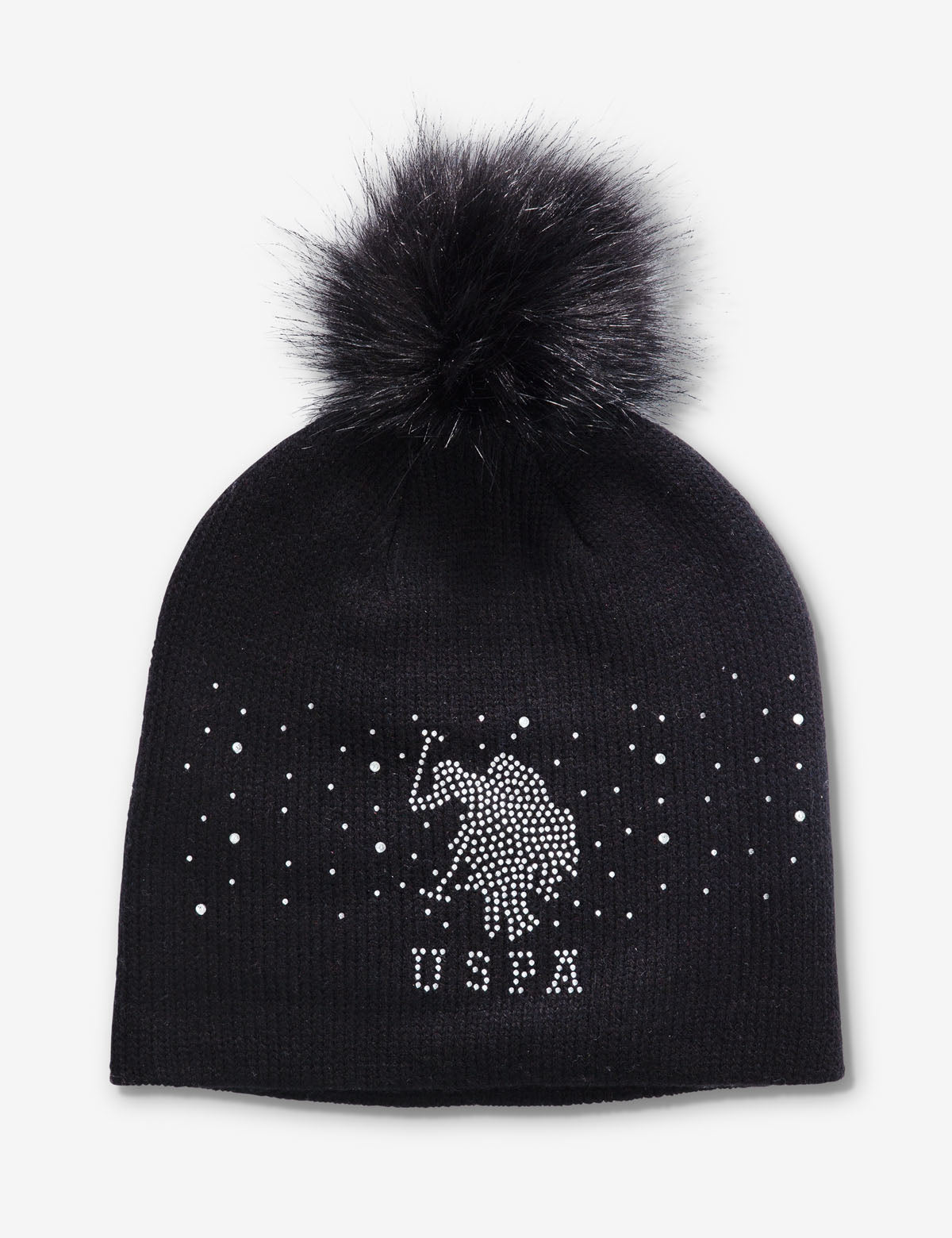 Rhinestone Beanie with Faux Fur Pom Pom | Winter Hat