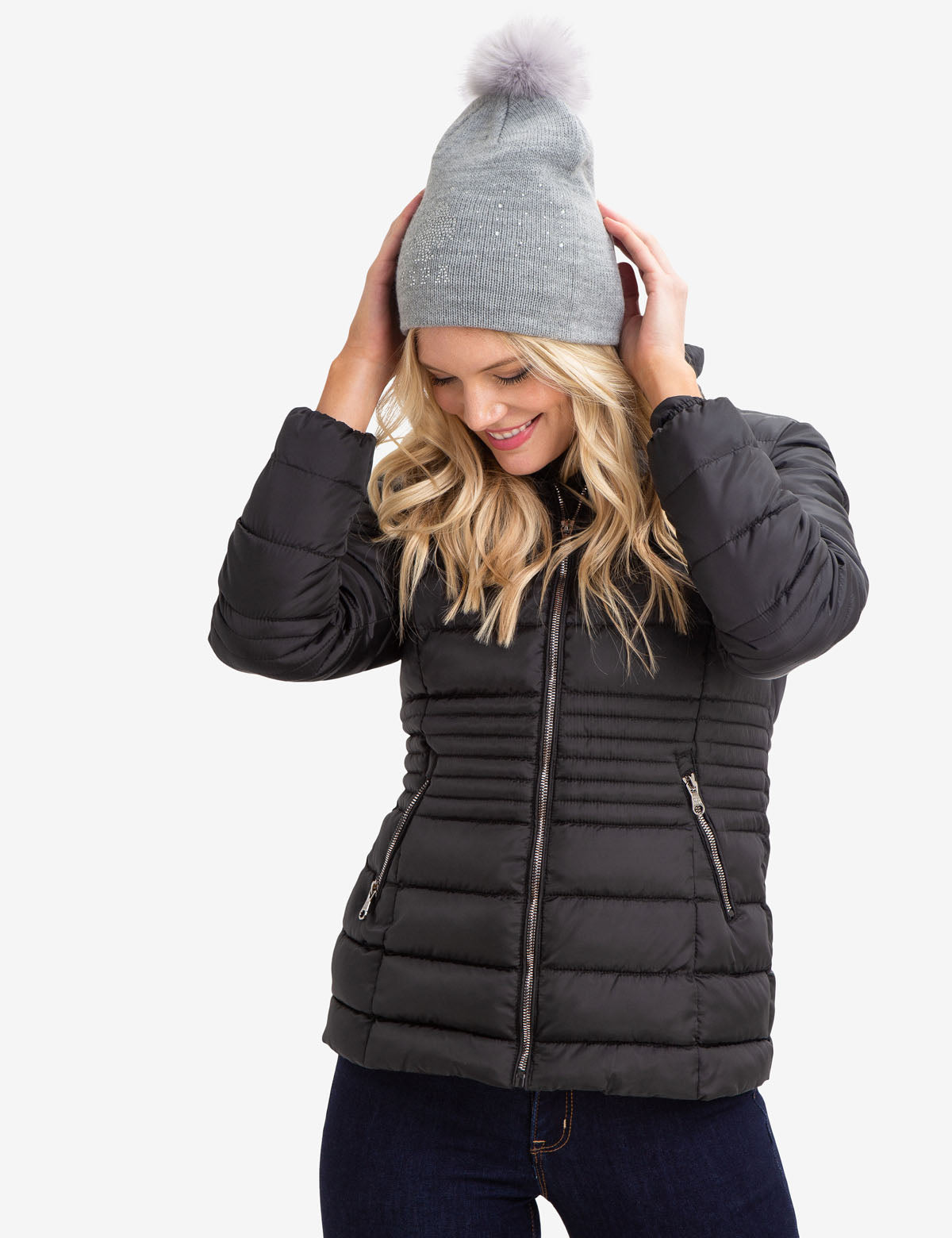 Rhinestone Beanie with Faux Fur Pom Pom | Winter Hat
