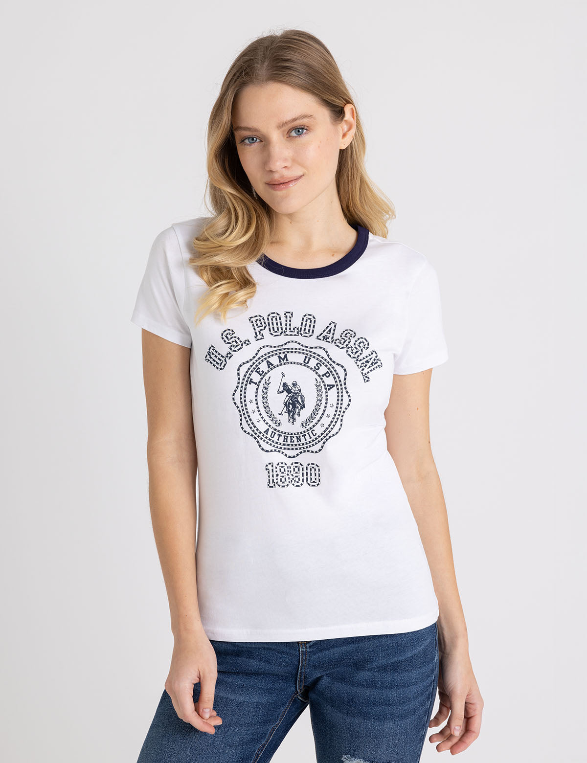 Rhinestone Ringer T-Shirt with Crest Design | Stylish Graphic Tee