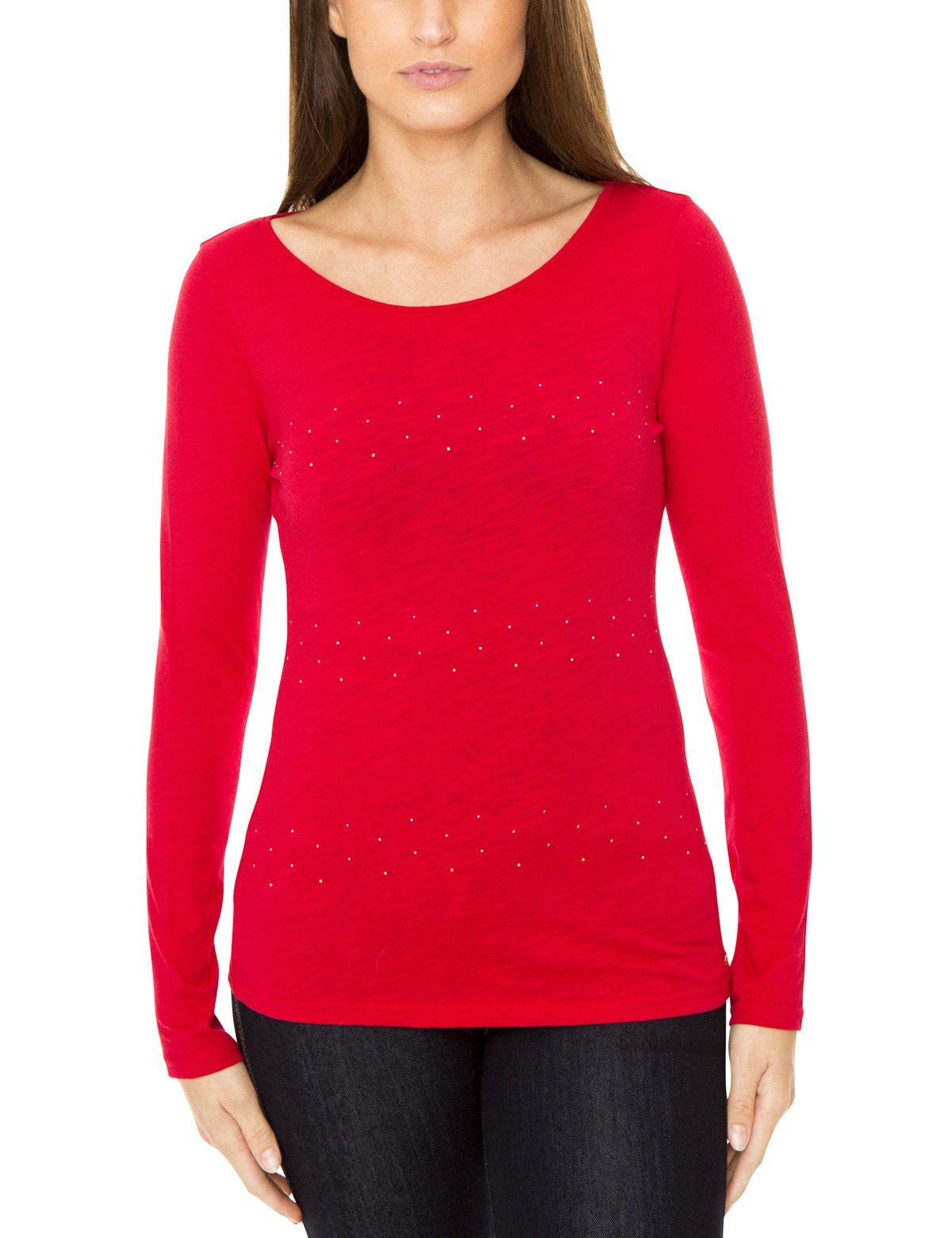 Rhinestone Long Sleeve Cotton T-Shirt | Scoop Neck & Embellished
