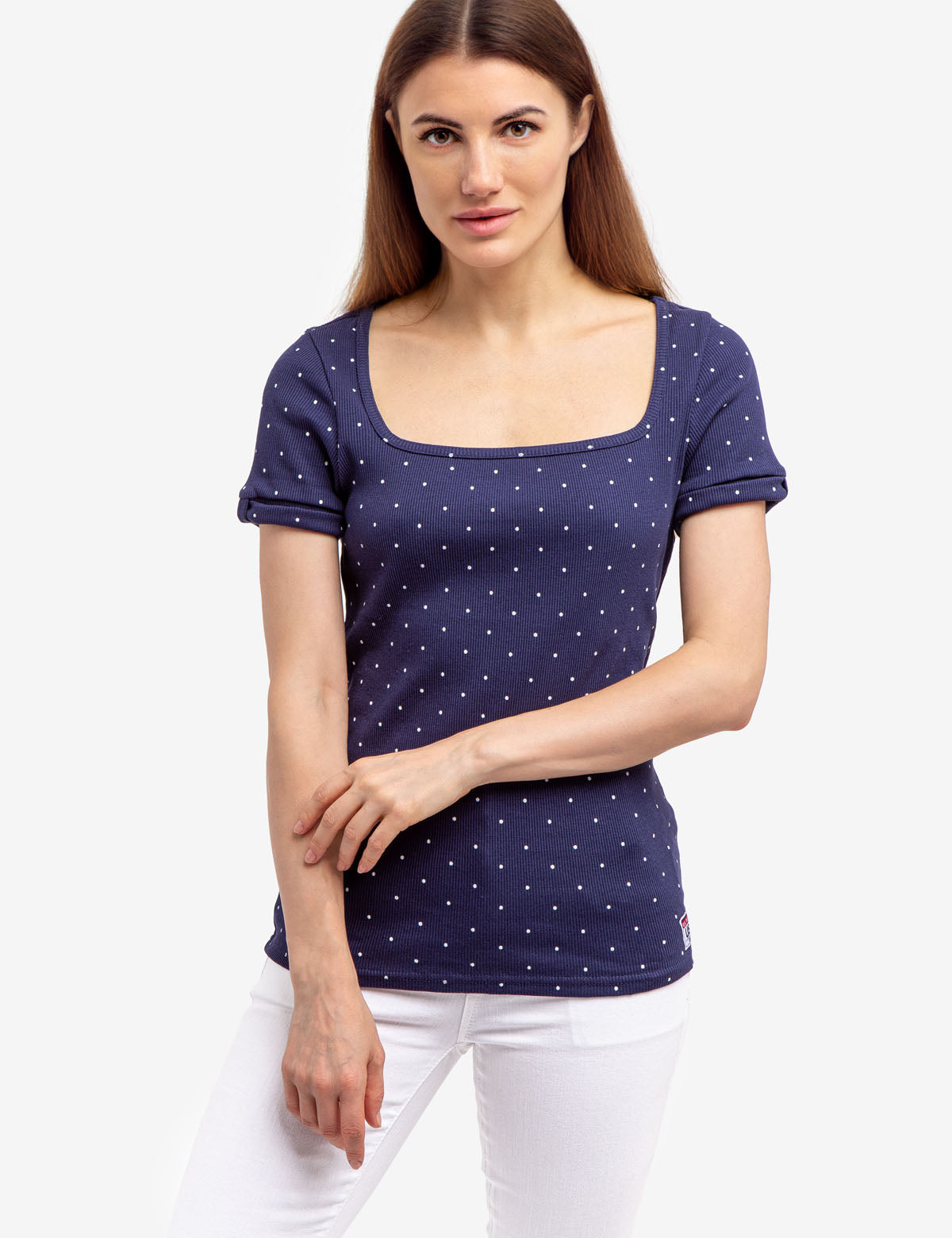 Ribbed Square Neck T-Shirt with Dot Pattern | Casual Women's Top
