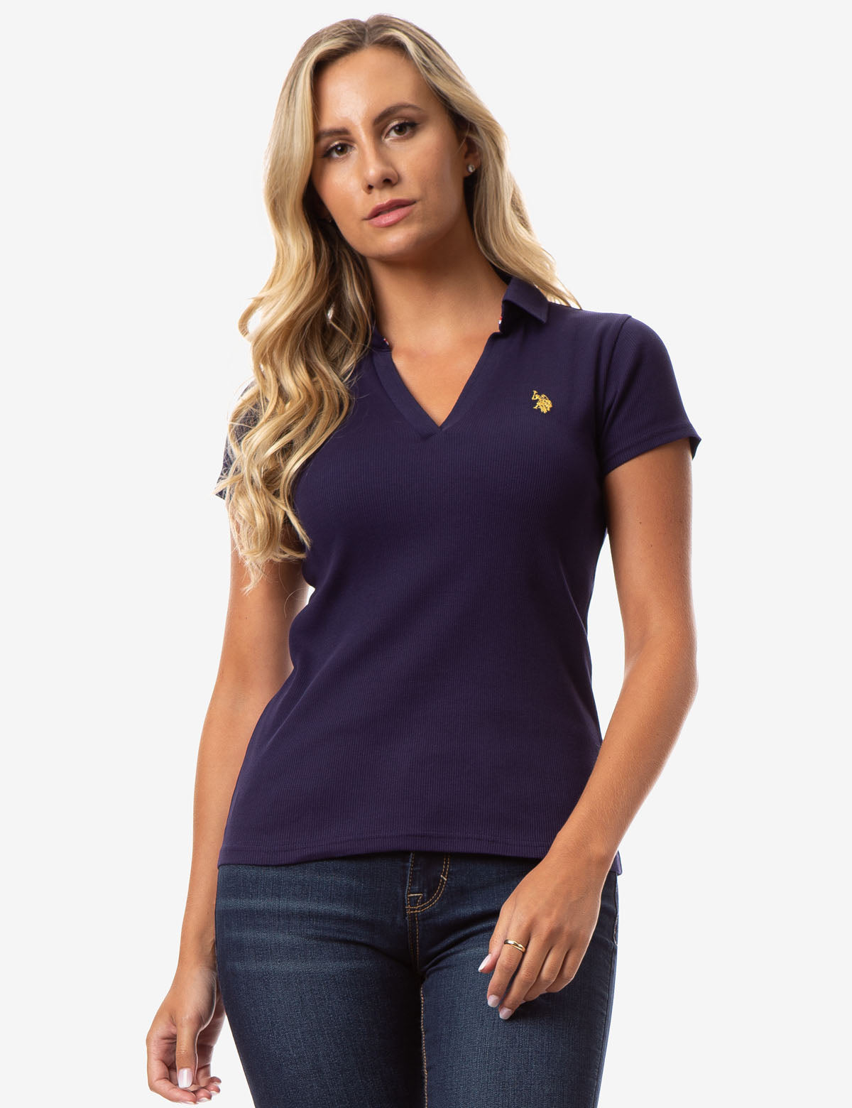 Ribbed V-Neck Polo Shirt with Short Sleeves & Embroidered Logo