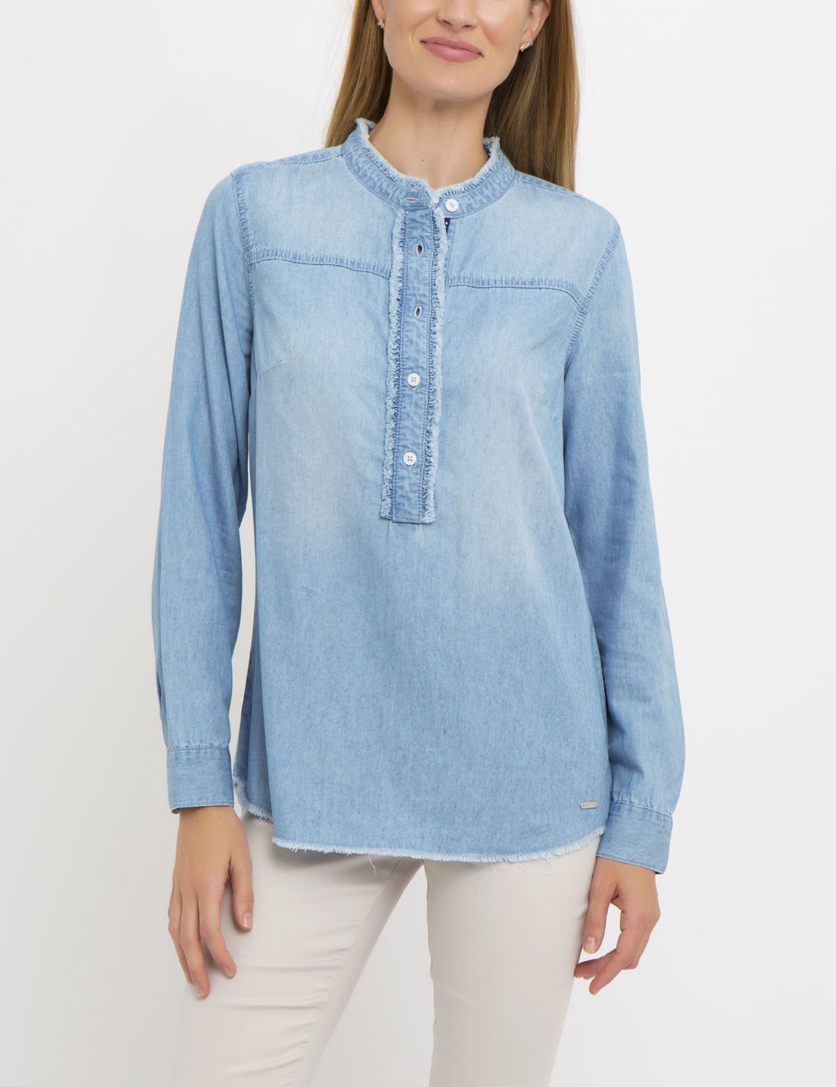 Ruffle Placket Chambray Shirt with Long Sleeves | Casual Button-Up