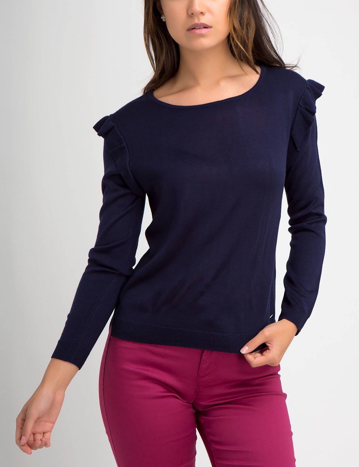 Ruffle Trim Sweater with Long Sleeves & Shoulder Detail | Acrylic Knit