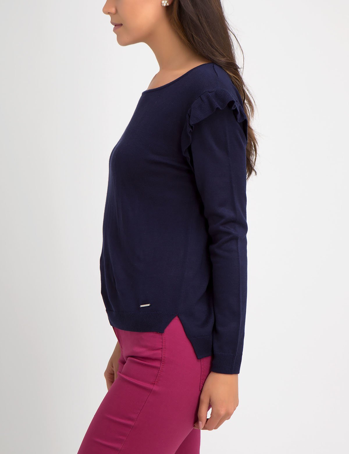 Ruffle Trim Sweater with Long Sleeves & Shoulder Detail | Acrylic Knit