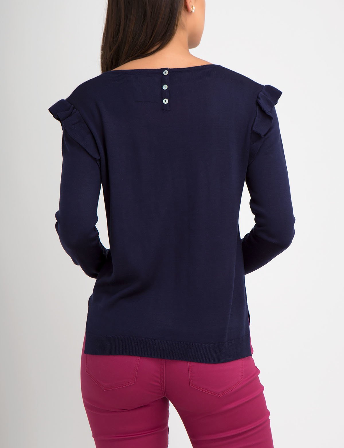 Ruffle Trim Sweater with Long Sleeves & Shoulder Detail | Acrylic Knit