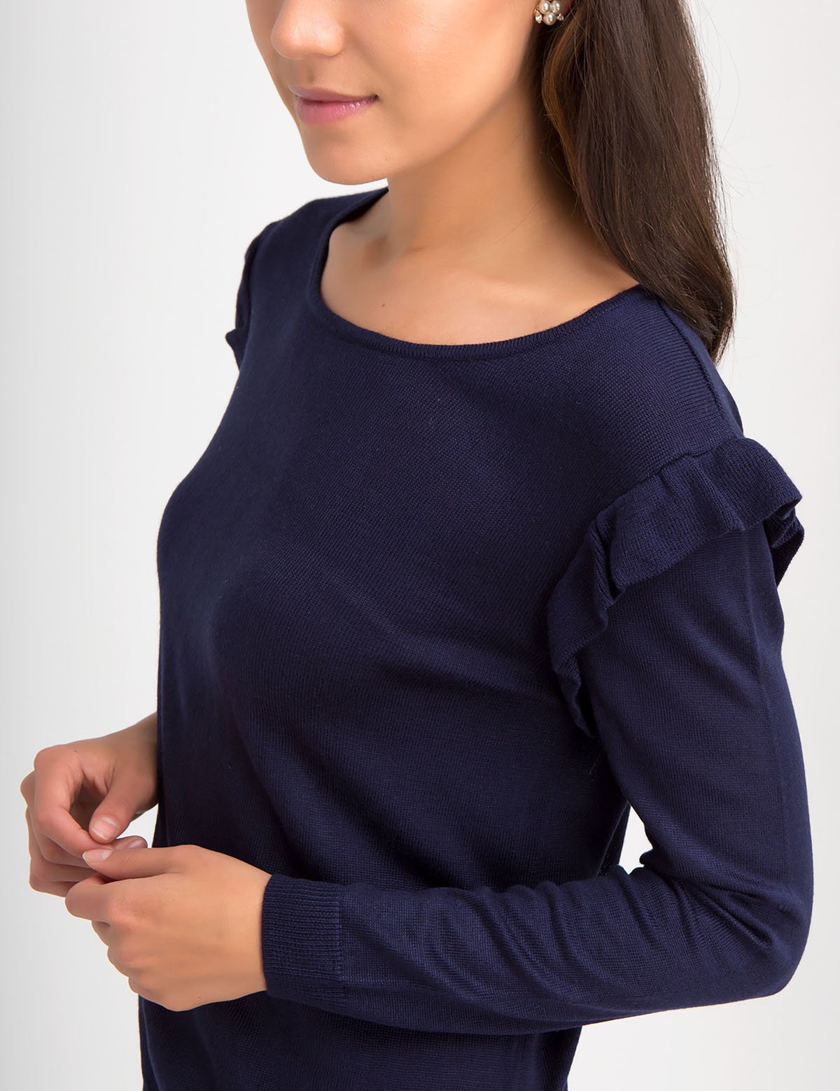 Ruffle Trim Sweater with Long Sleeves & Shoulder Detail | Acrylic Knit