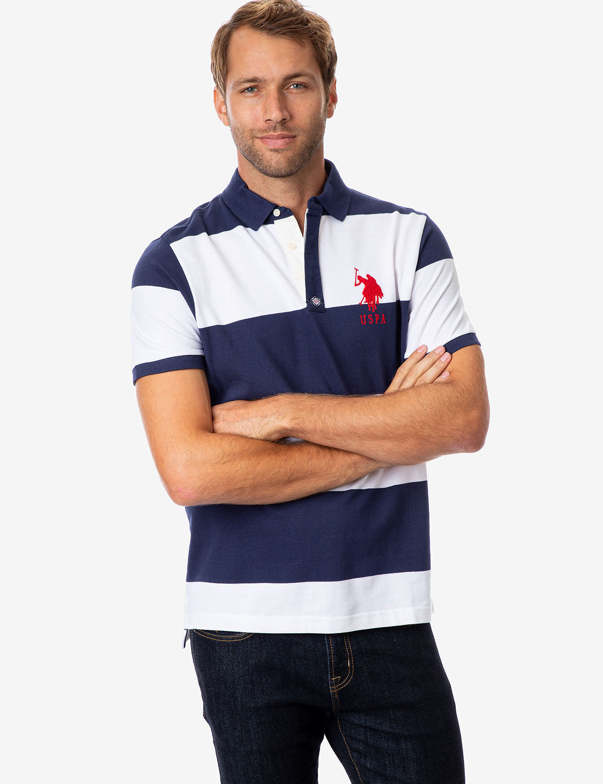 Rugby Stripe Polo Shirt with V-Neck & Embroidered Logo | Casual Men's Top