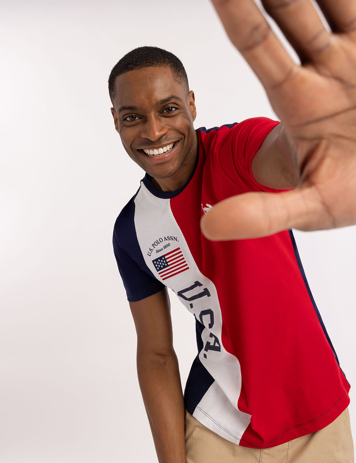 USA Color Block Jersey T-Shirt with Flag Patch & Graphic Details