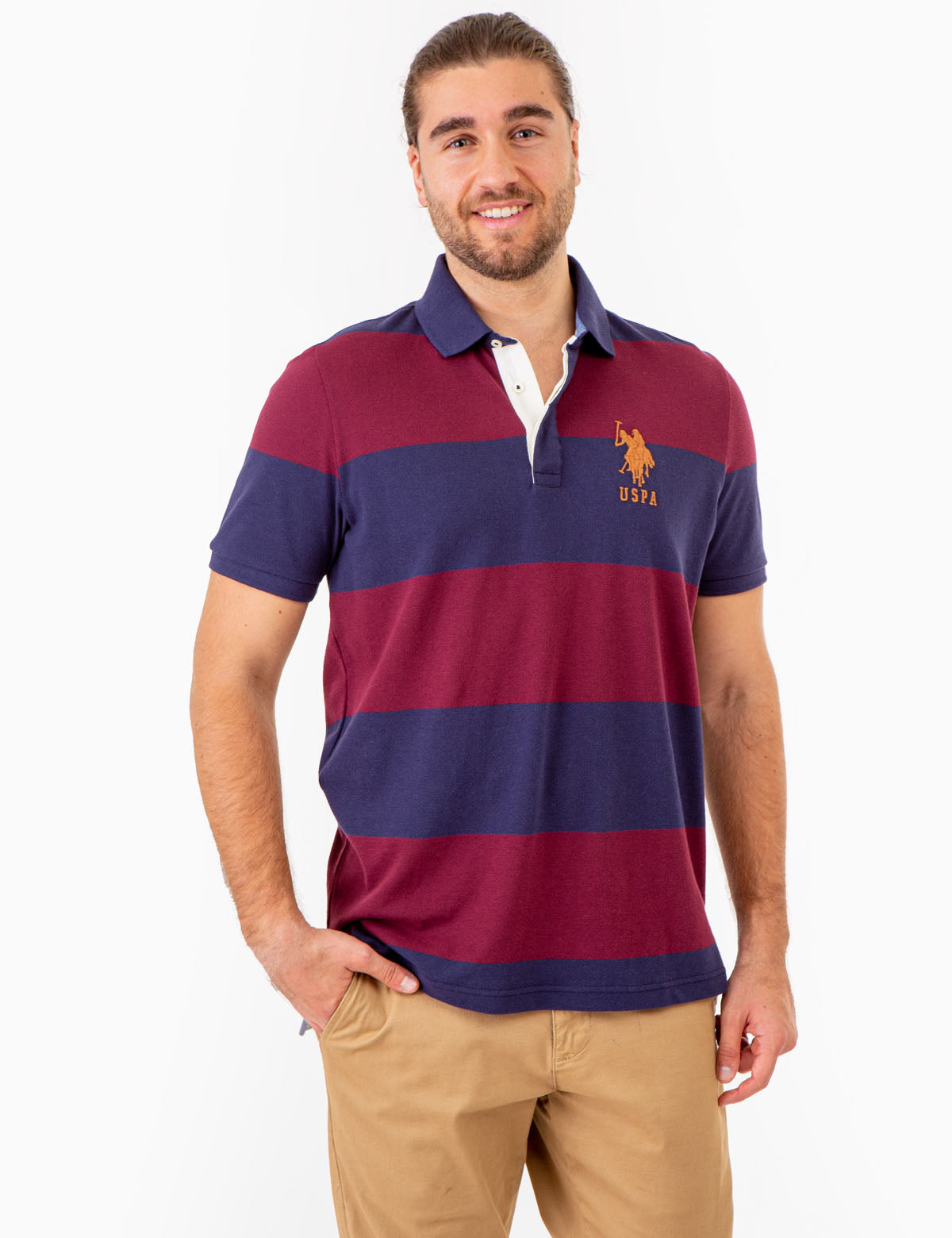 Rugby Stripe Polo Shirt with V-Neck & Embroidered Logo | Casual Men's Top