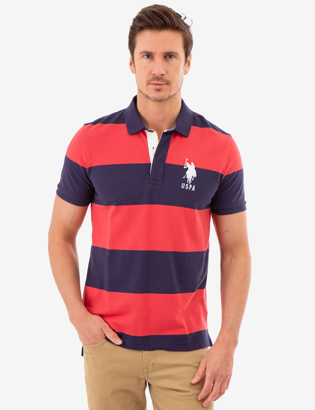 Rugby Stripe Polo Shirt with V-Neck & Embroidered Logo | Casual Men's Top