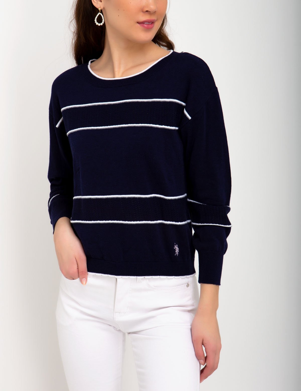 Striped Scoop Neck Sweater with Scalloped Hem | Cotton Blend