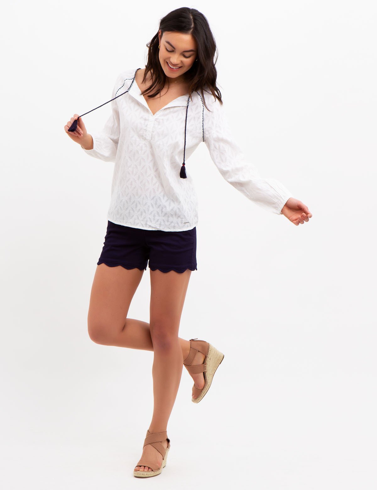 Scalloped Hem Shorts with Button & Zipper Closure | Cotton Blend