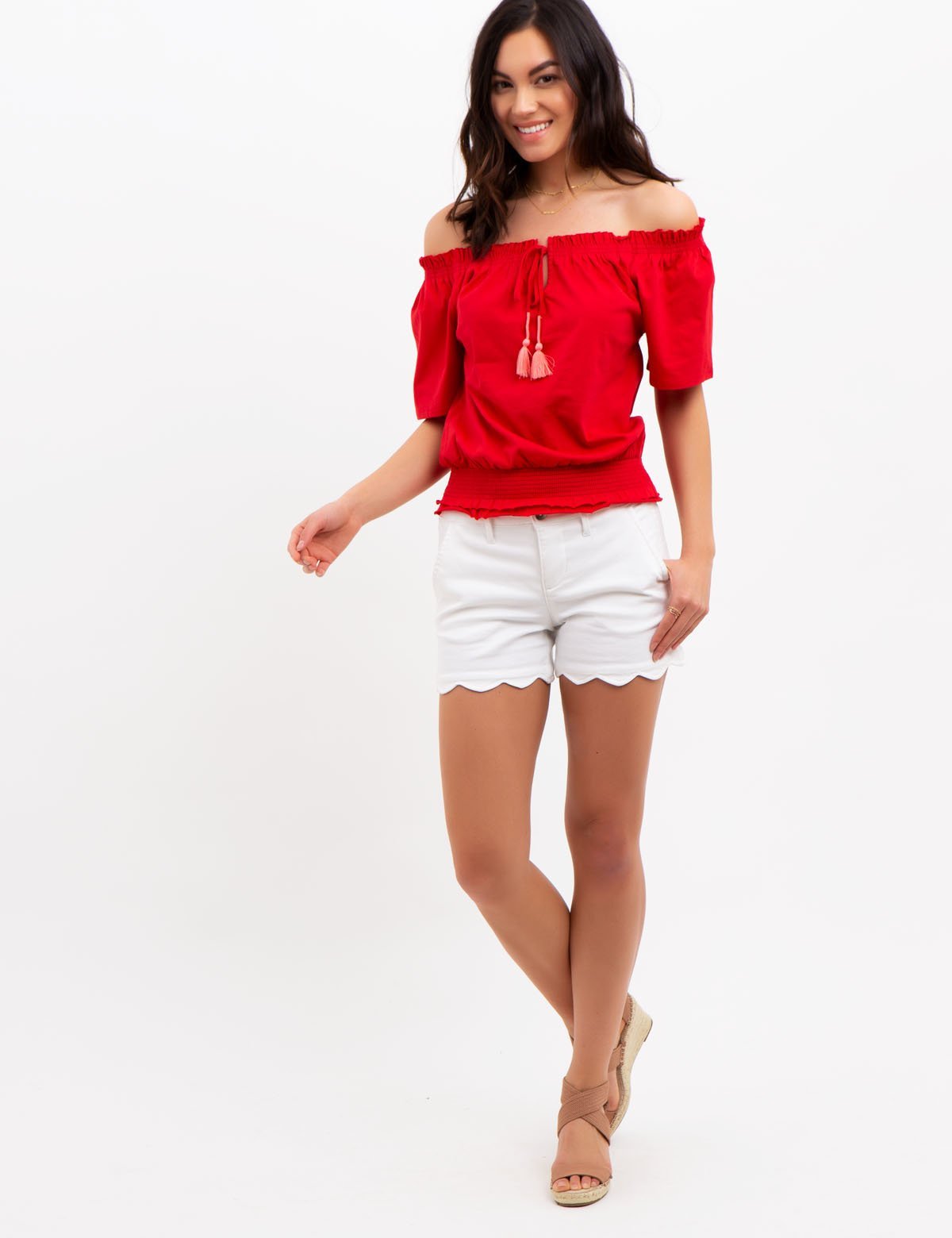 Scalloped Hem Shorts with Button & Zipper Closure | Cotton Blend