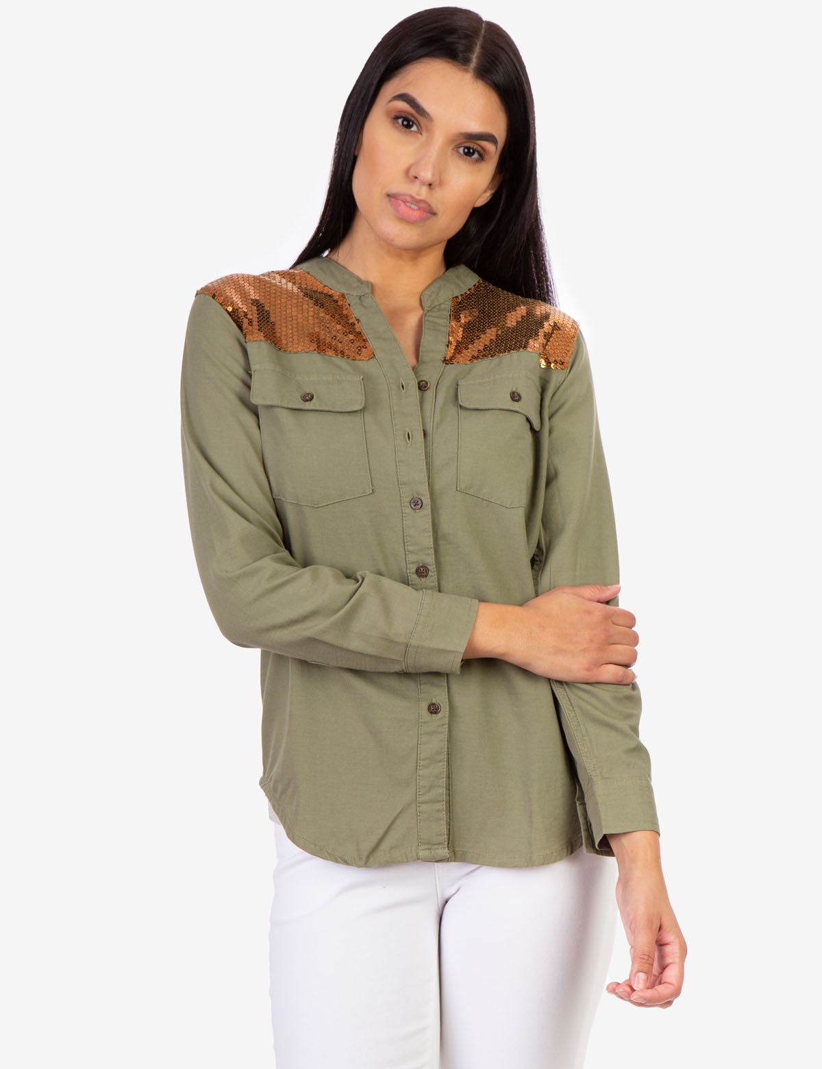 Sequin Embellished Utility Shirt with Button Front & Long Sleeves