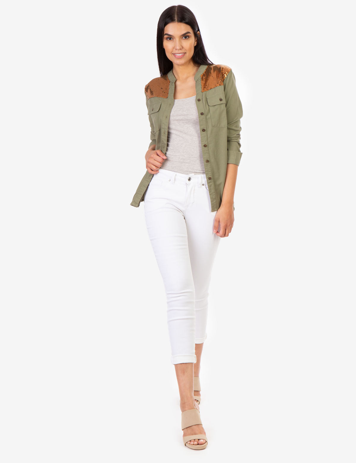 Sequin Embellished Utility Shirt with Button Front & Long Sleeves