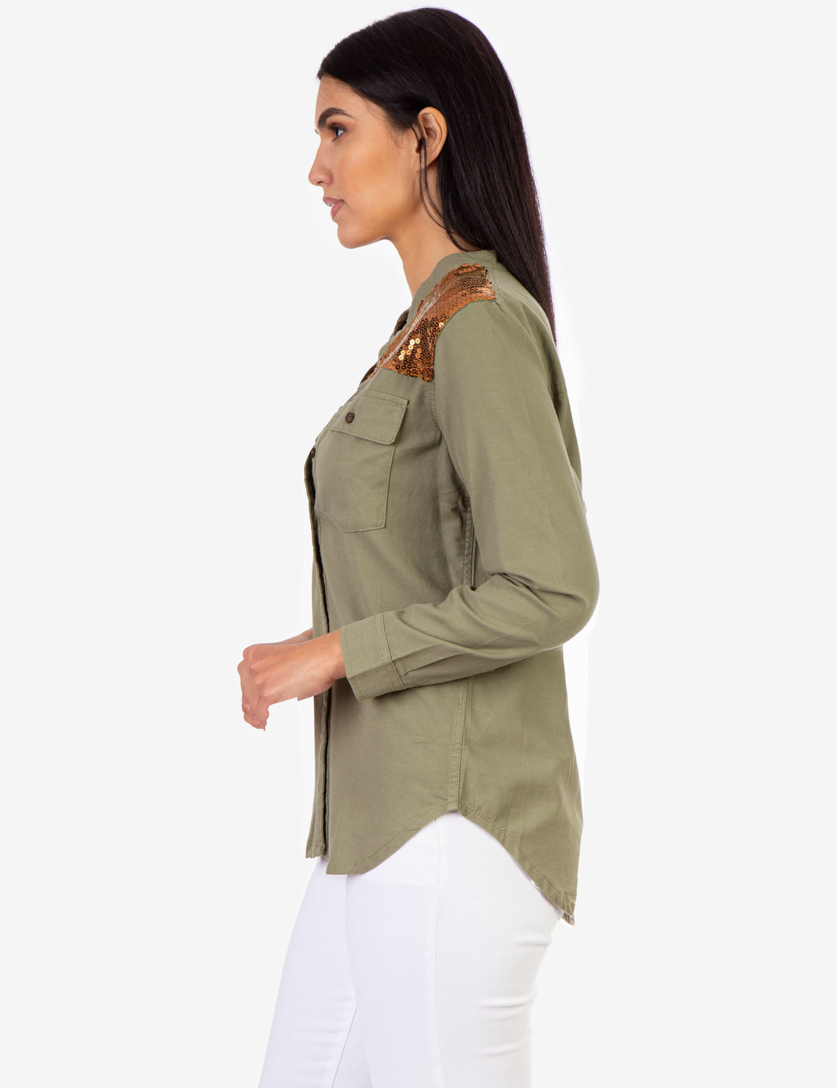 Sequin Embellished Utility Shirt with Button Front & Long Sleeves