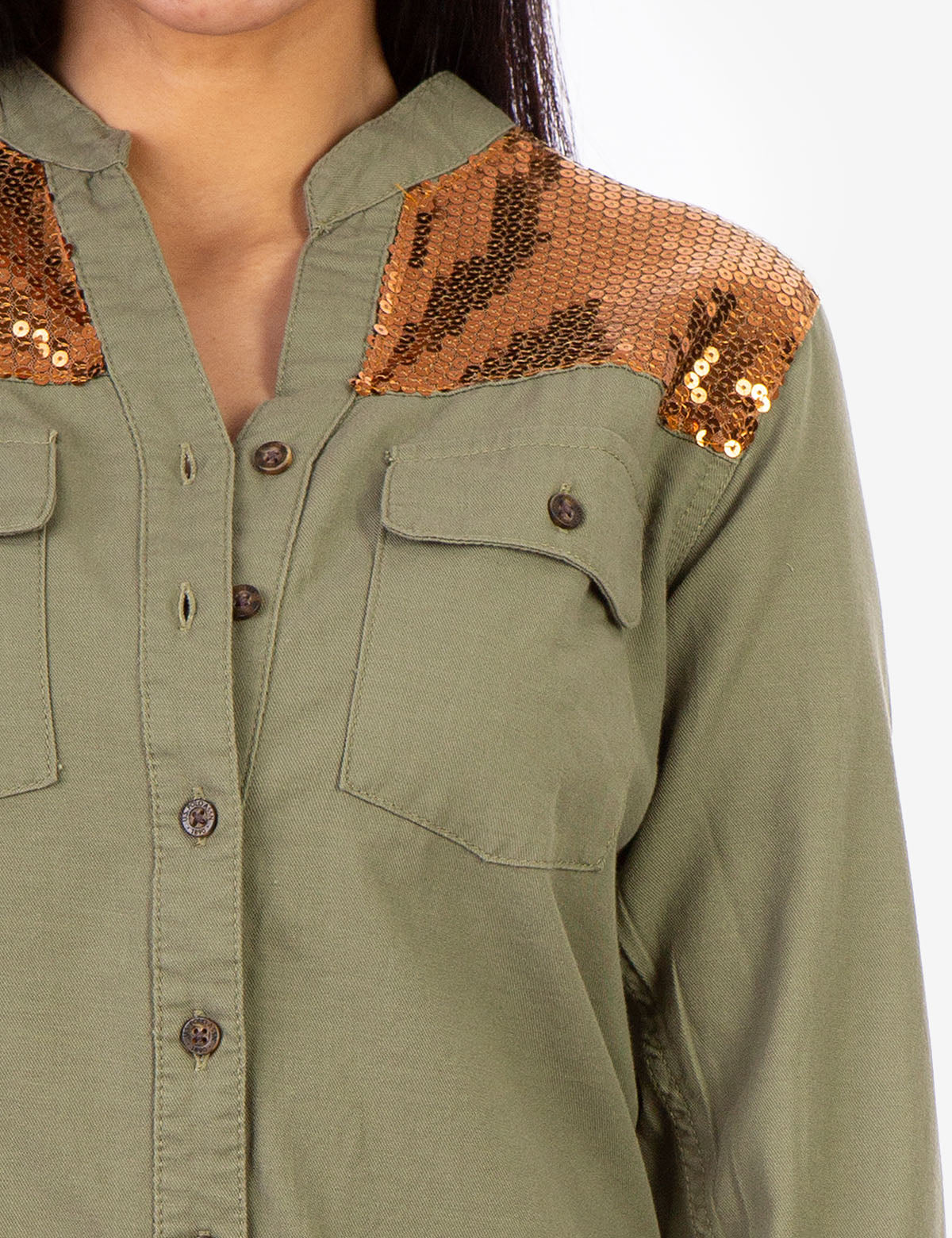 Sequin Embellished Utility Shirt with Button Front & Long Sleeves