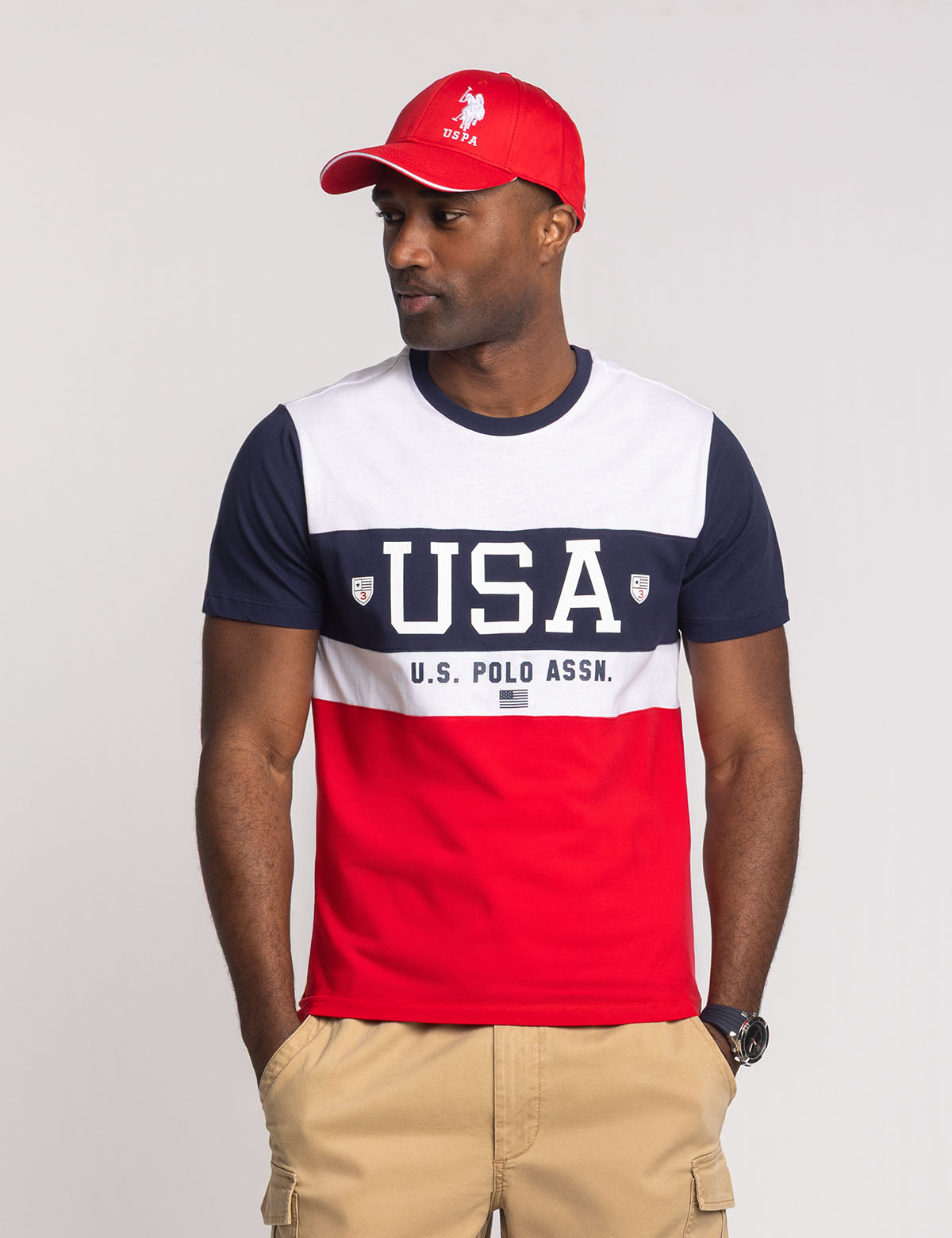 Color Block Crew Neck T-Shirt with Graphic Front | USA Jersey
