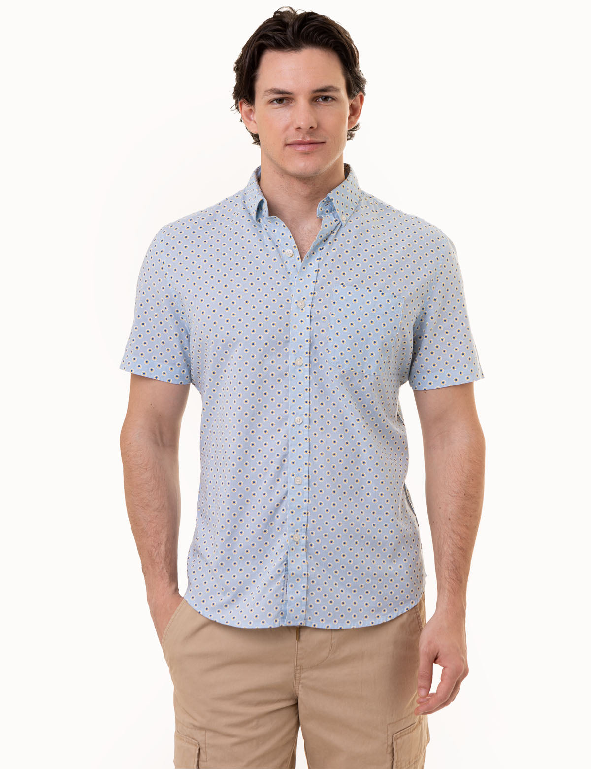 Dot Print Short Sleeve Shirt with Pocket | Casual Woven Top