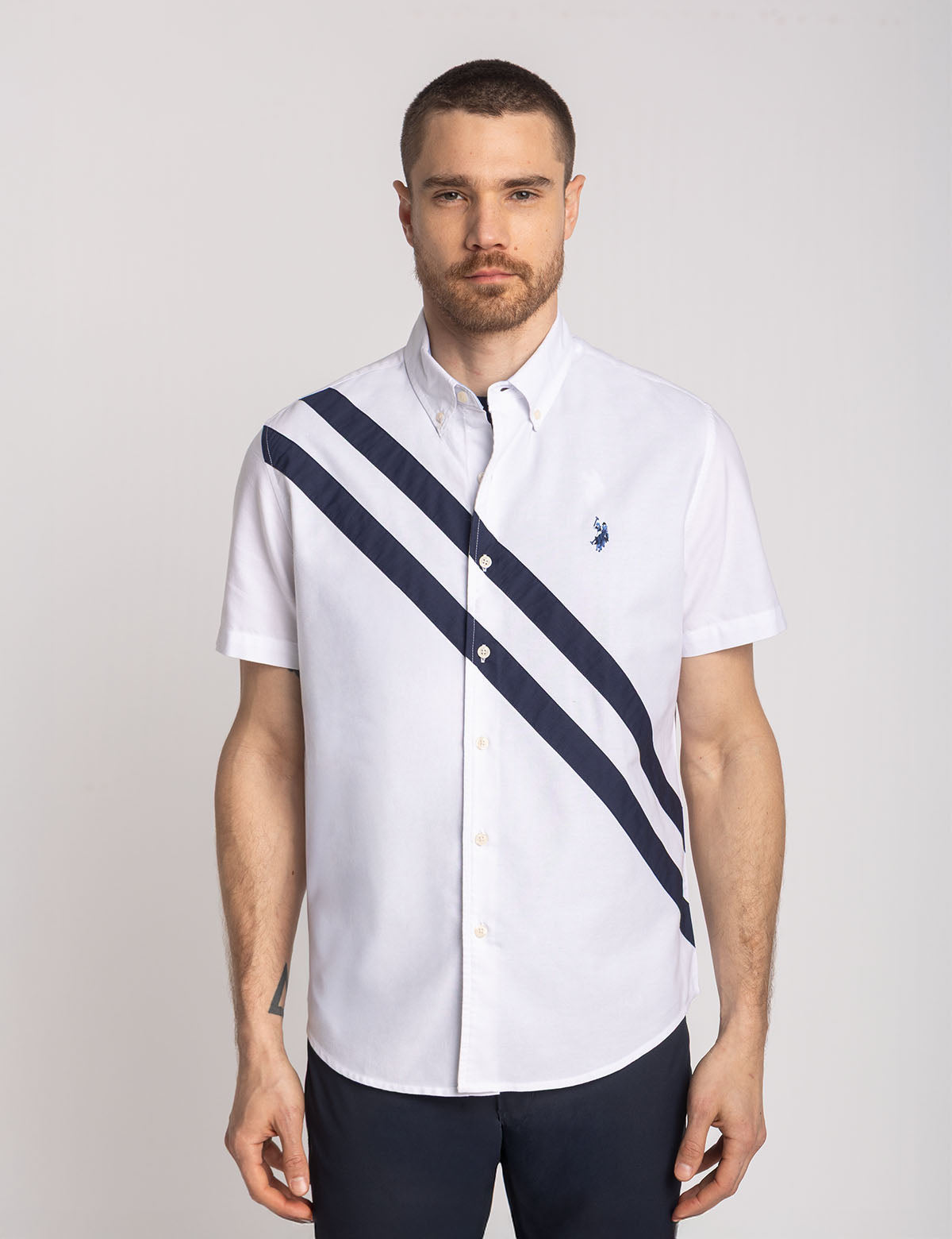 Short Sleeve Oxford Shirt with Double Sash Stripes | Tailored Fit