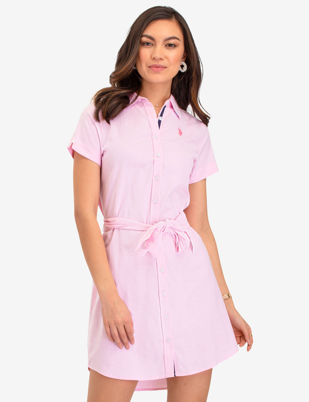 Short Sleeve Oxford Dress with Tie Waist & Button Placket