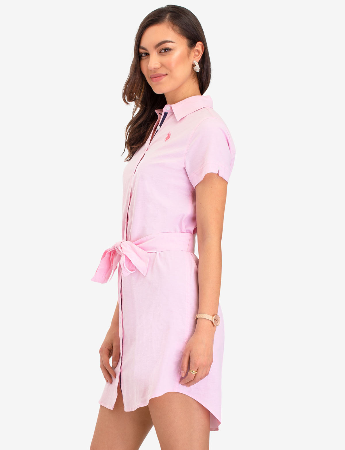 Short Sleeve Oxford Dress with Tie Waist & Button Placket