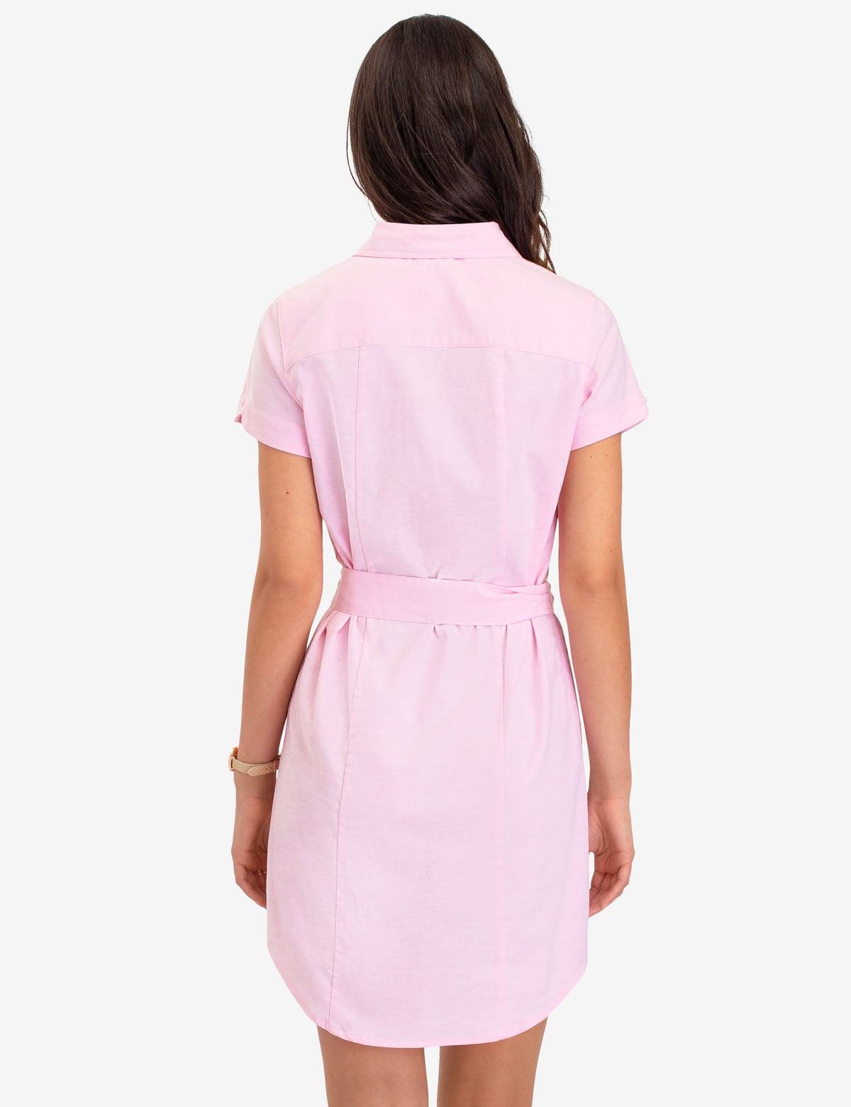 Short Sleeve Oxford Dress with Tie Waist & Button Placket