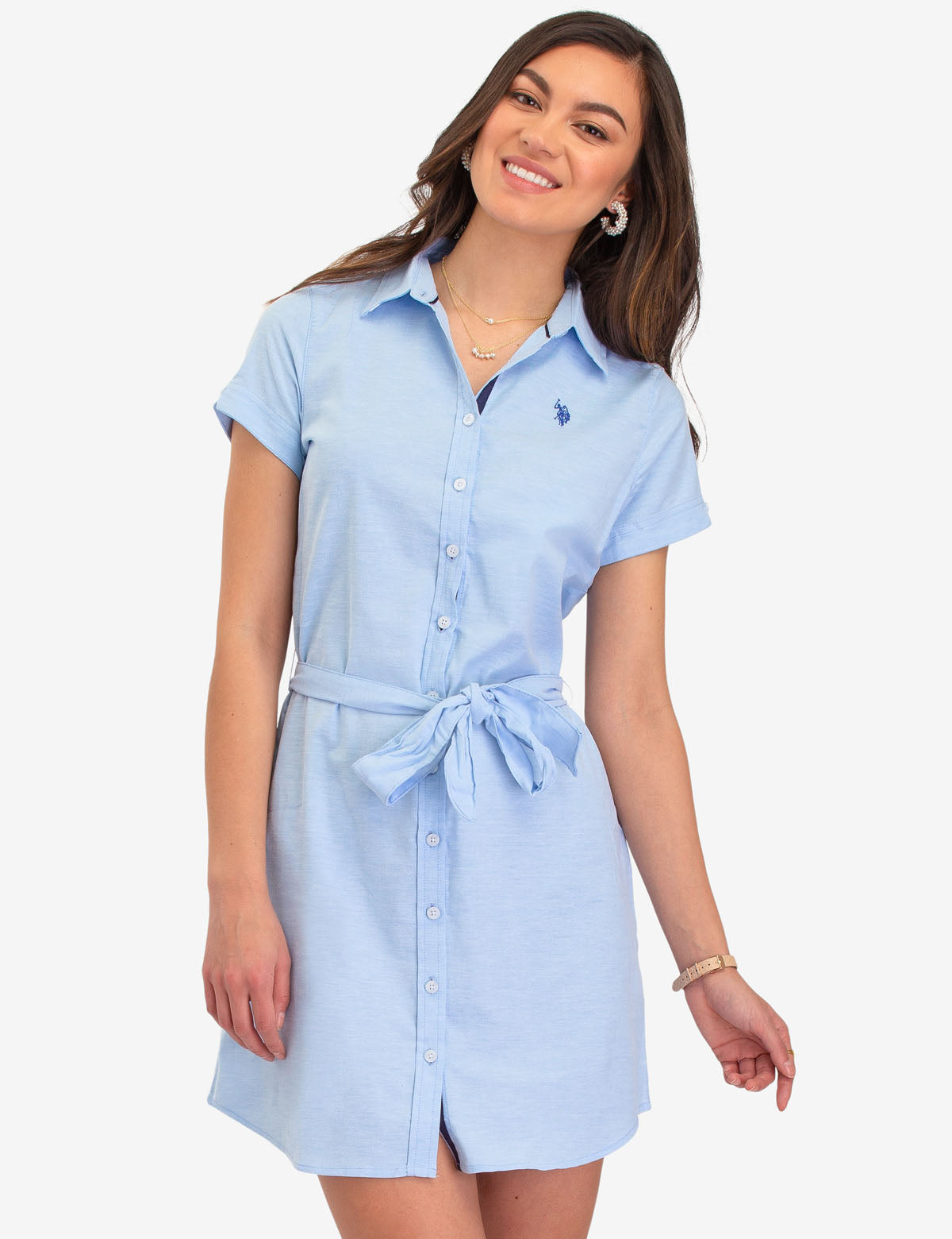 Short Sleeve Oxford Dress with Tie Waist & Button Placket