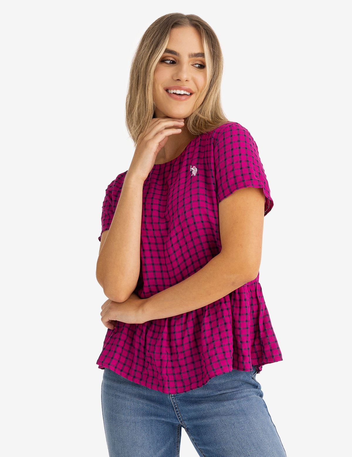 Peplum Grid Top | Short Sleeve Women's Blouse