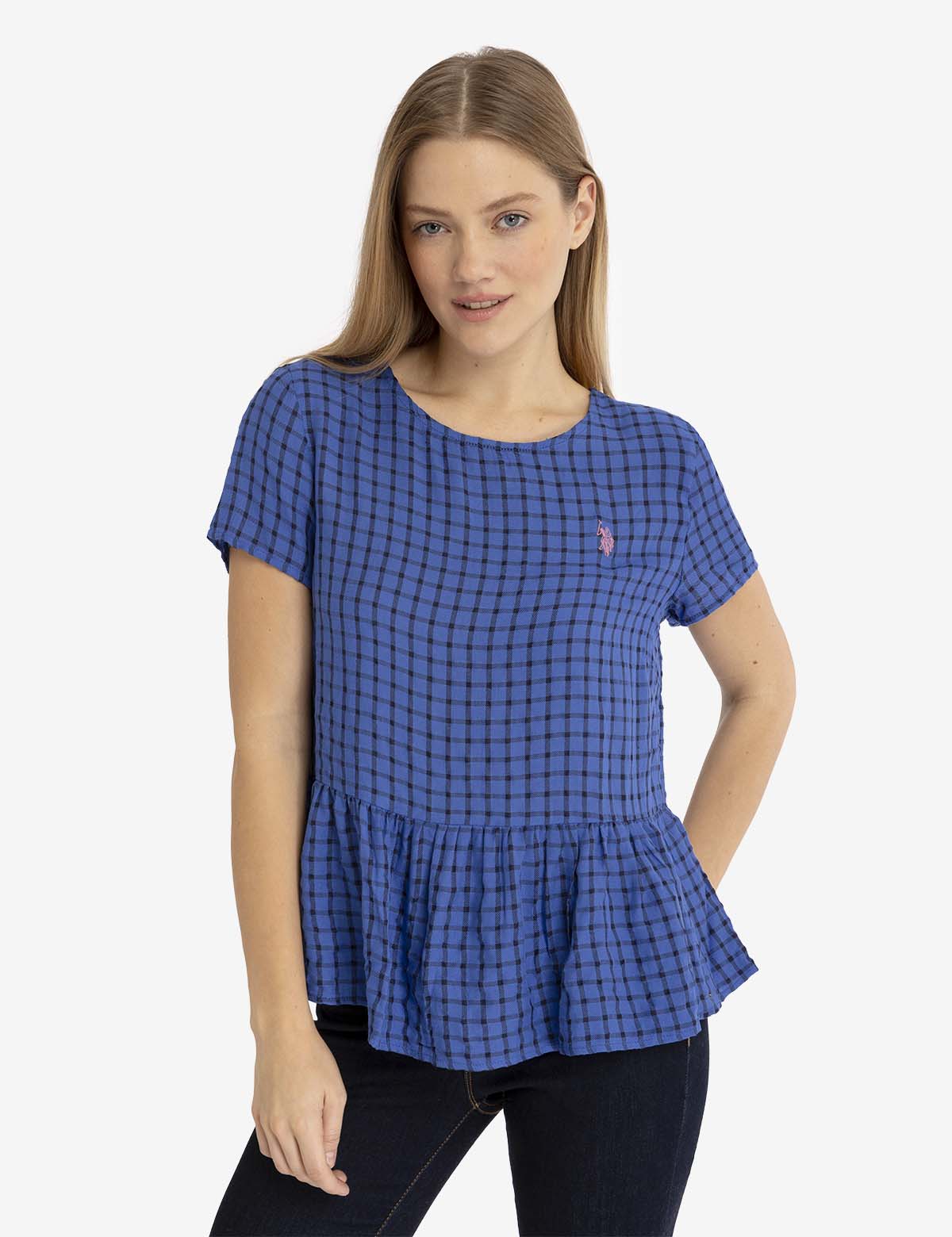 Peplum Grid Top | Short Sleeve Women's Blouse