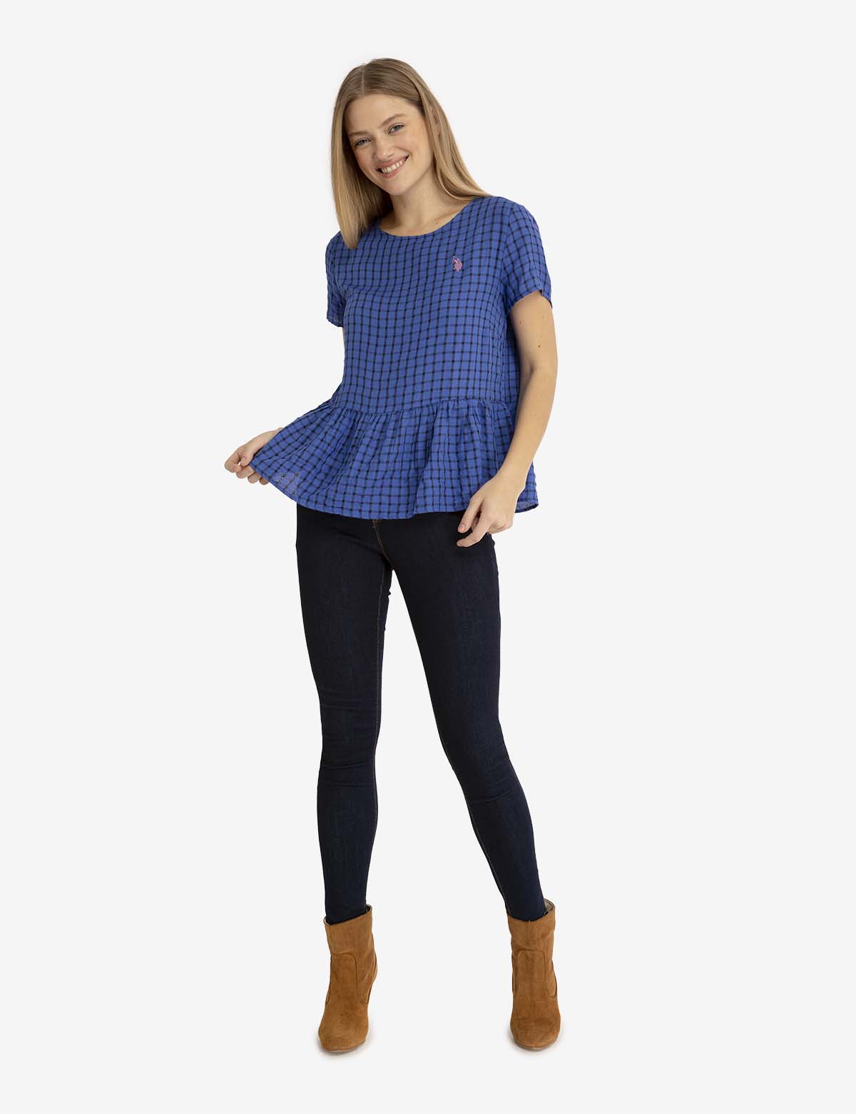 Peplum Grid Top | Short Sleeve Women's Blouse