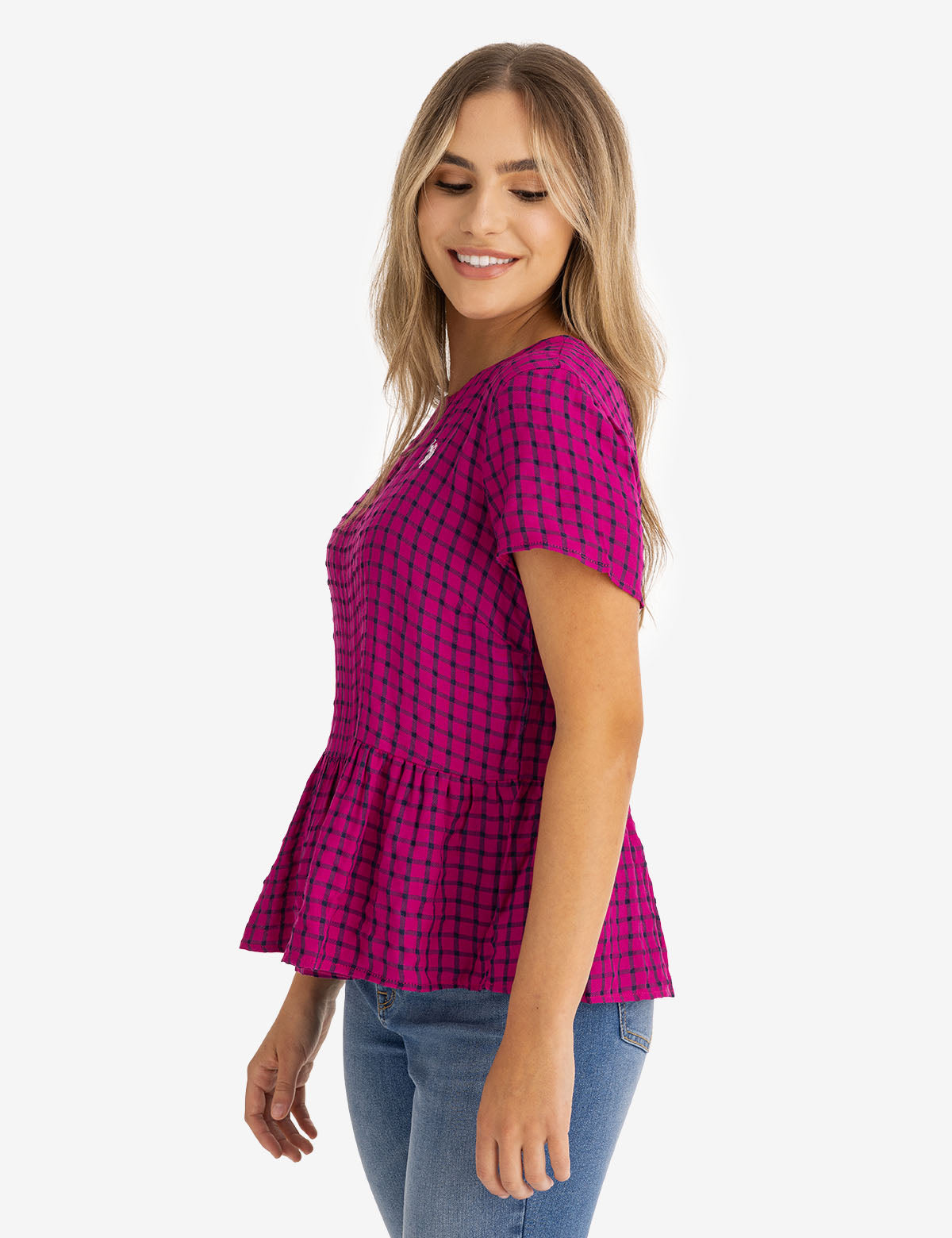 Peplum Grid Top | Short Sleeve Women's Blouse