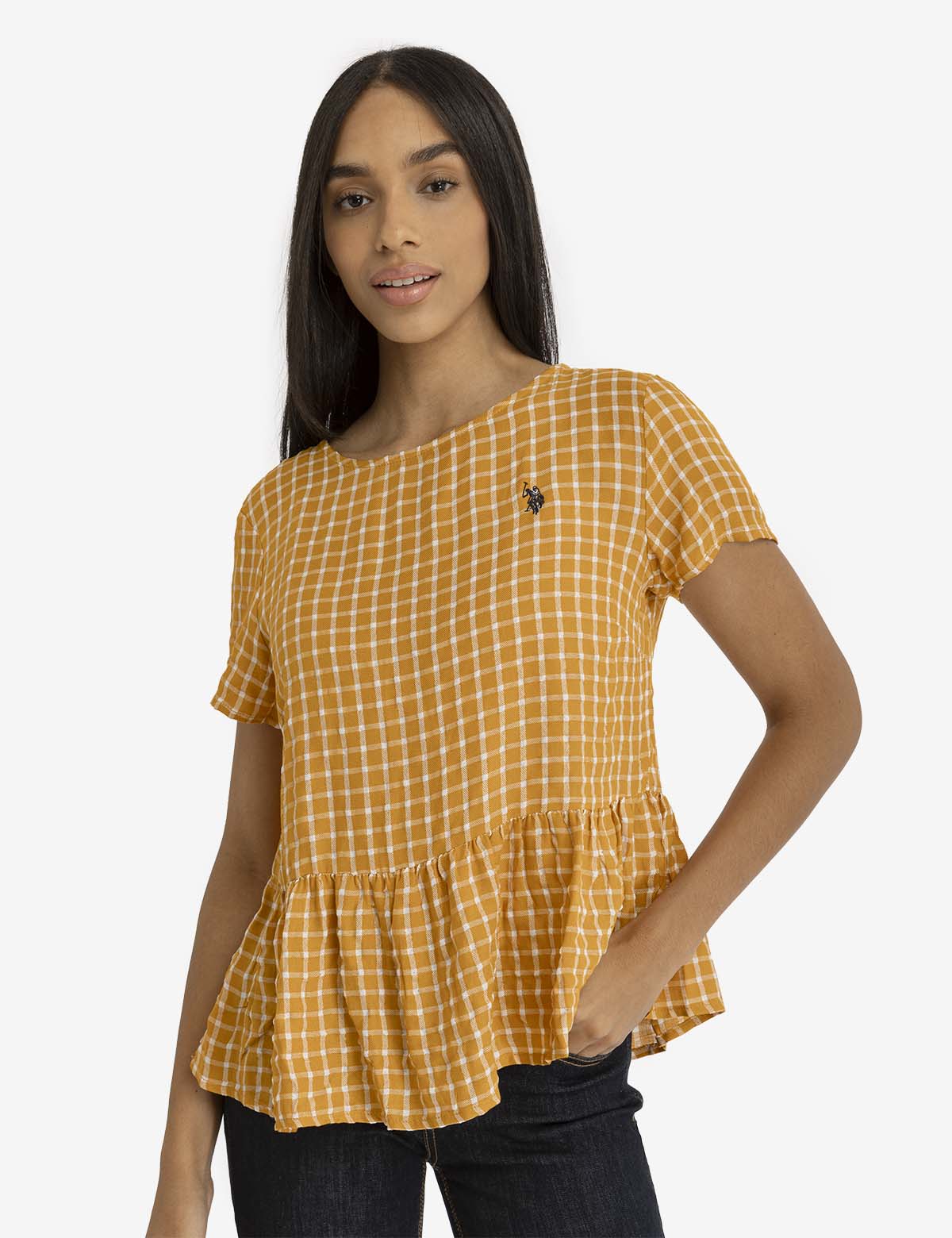 Peplum Grid Top | Short Sleeve Women's Blouse