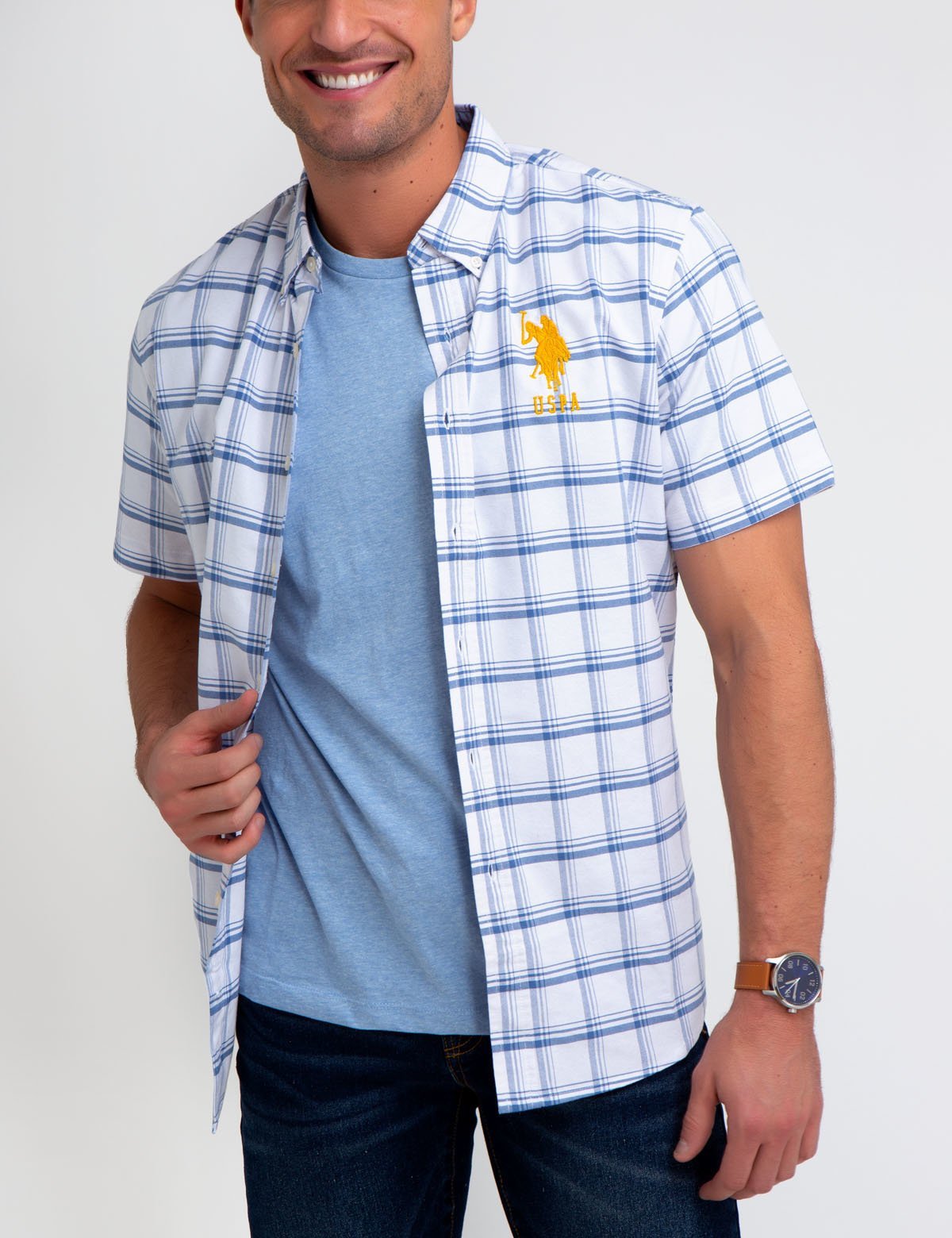 Short Sleeve Plaid Oxford Shirt | Cotton-Polyester Blend