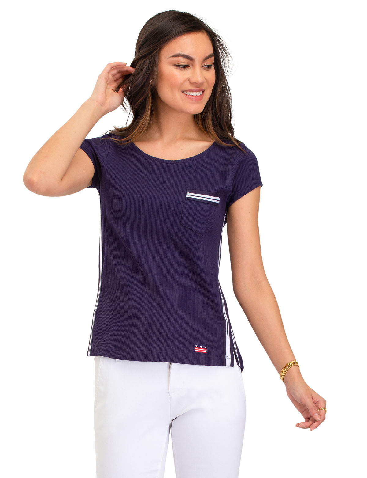 Short Sleeve Thermal Shirt with Pocket & Stripe Design | Scoop Neck