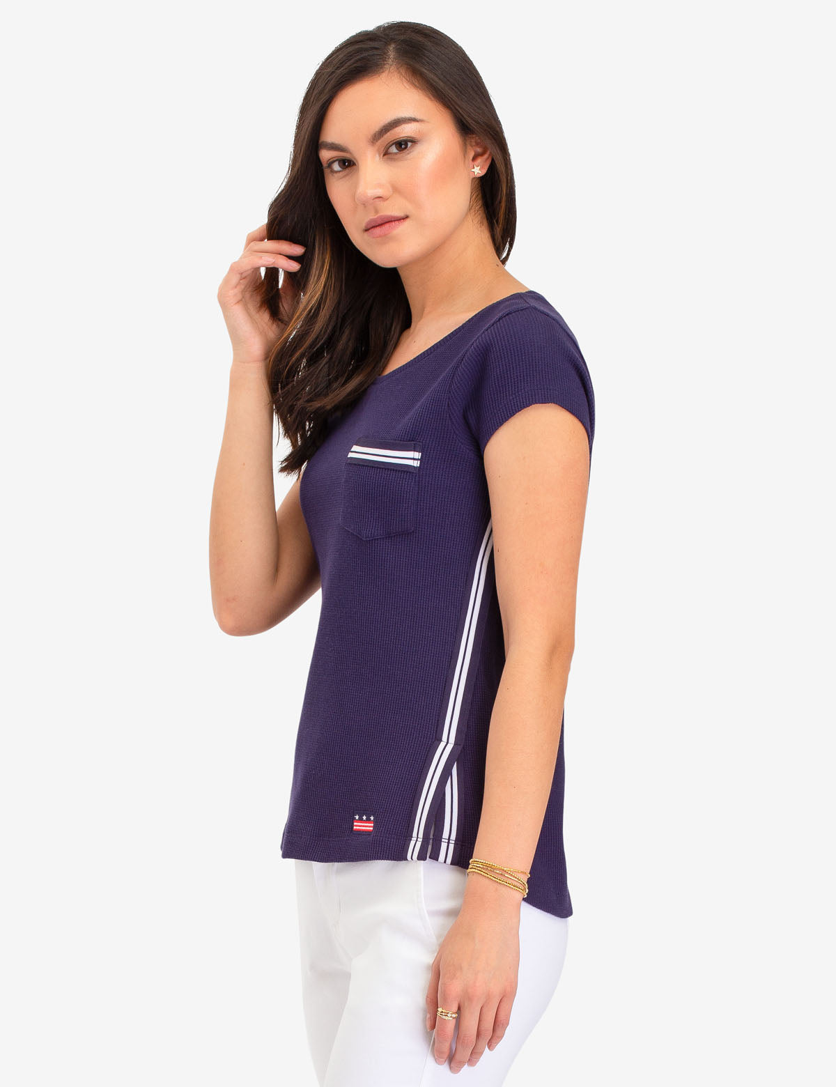 Short Sleeve Thermal Shirt with Pocket & Stripe Design | Scoop Neck