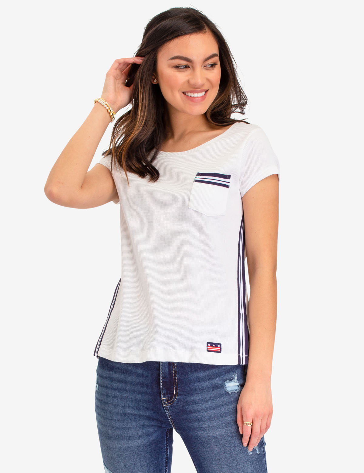 Short Sleeve Thermal Shirt with Pocket & Stripe Design | Scoop Neck