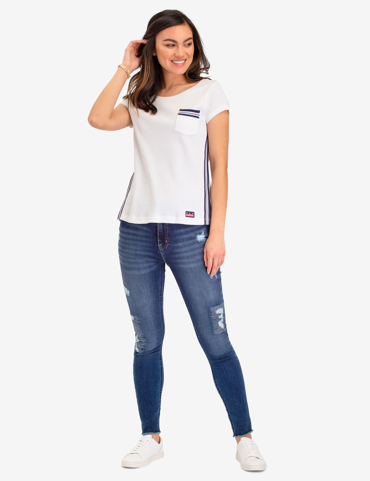 Short Sleeve Thermal Shirt with Pocket & Stripe Design | Scoop Neck