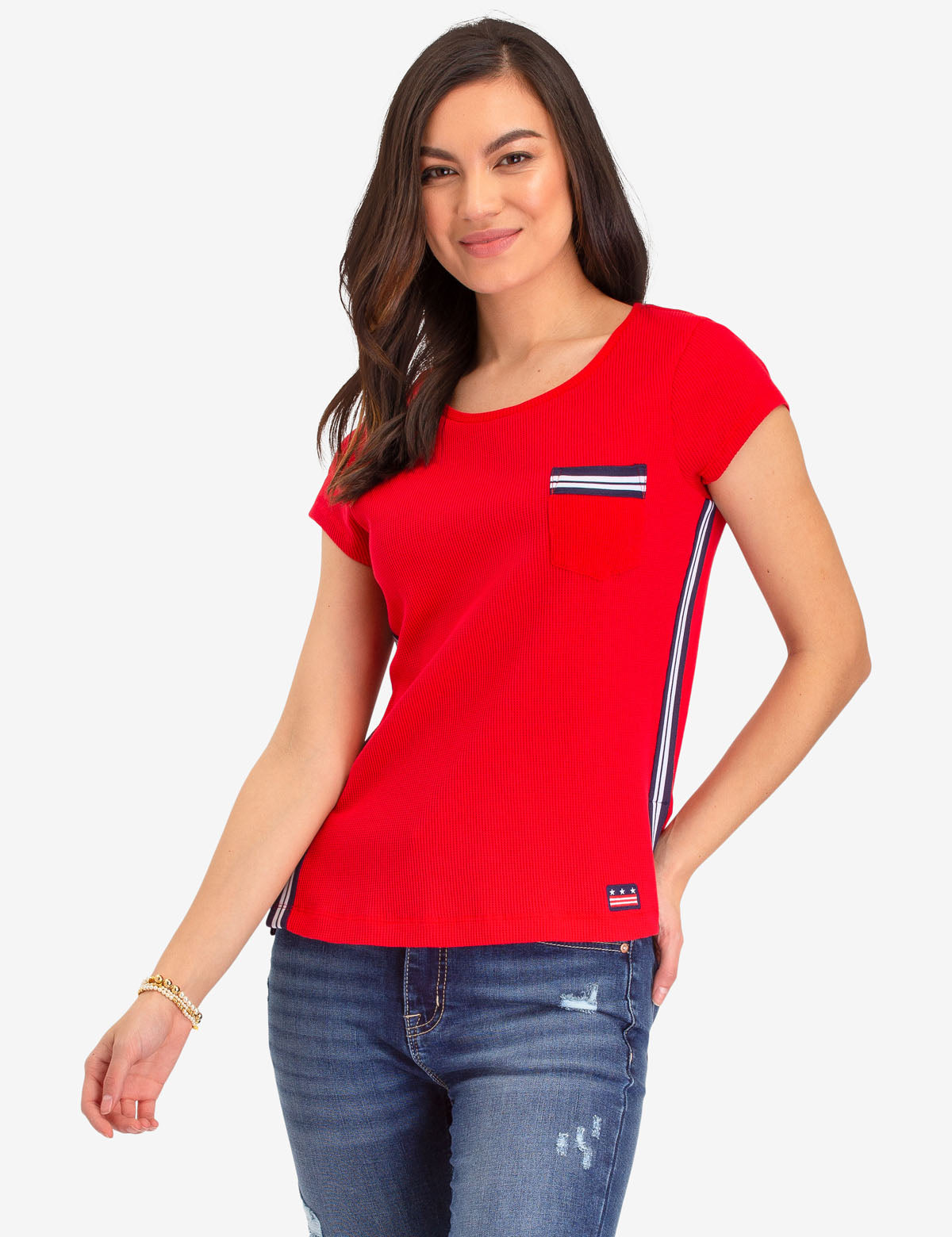 Short Sleeve Thermal Shirt with Pocket & Stripe Design | Scoop Neck