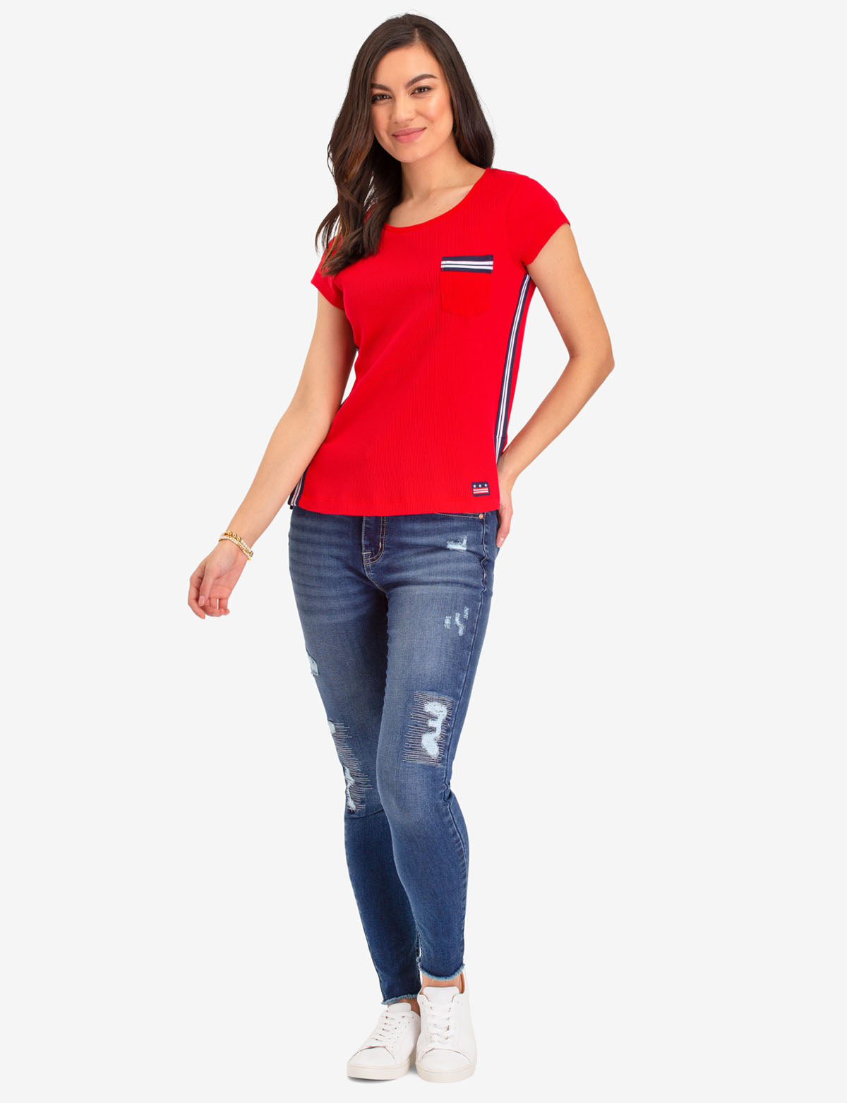 Short Sleeve Thermal Shirt with Pocket & Stripe Design | Scoop Neck