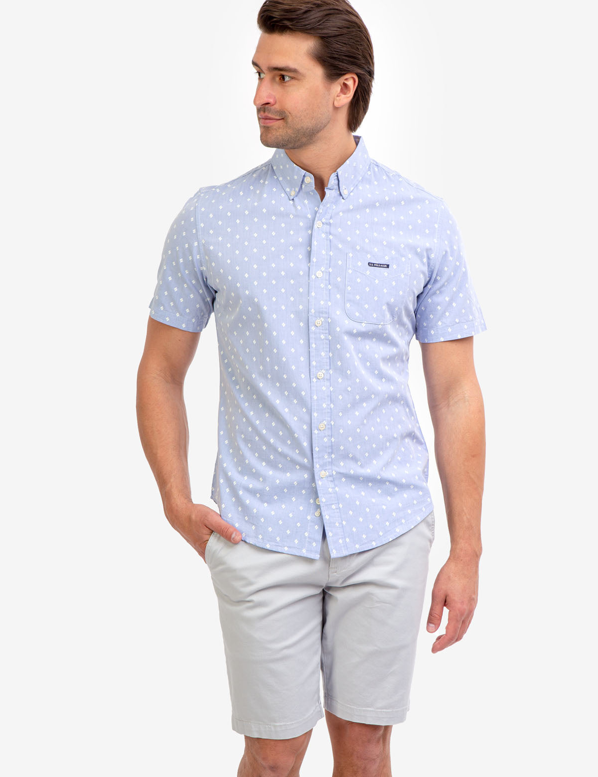 Short Sleeve Printed Chambray Shirt for Men | 100% Cotton Slim Fit