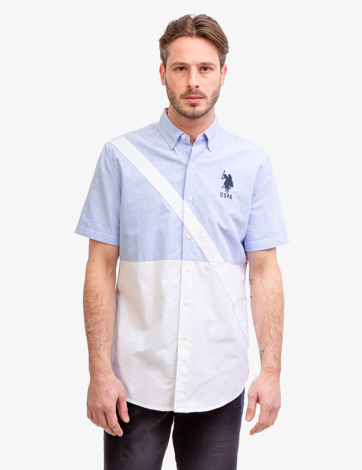 Colorblock Oxford Shirt with Sash Detail | Short Sleeve