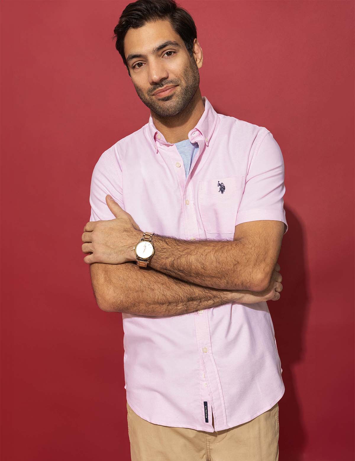 Short Sleeve Stretch Oxford Shirt with Embroidered Logo | Button-Up Casual