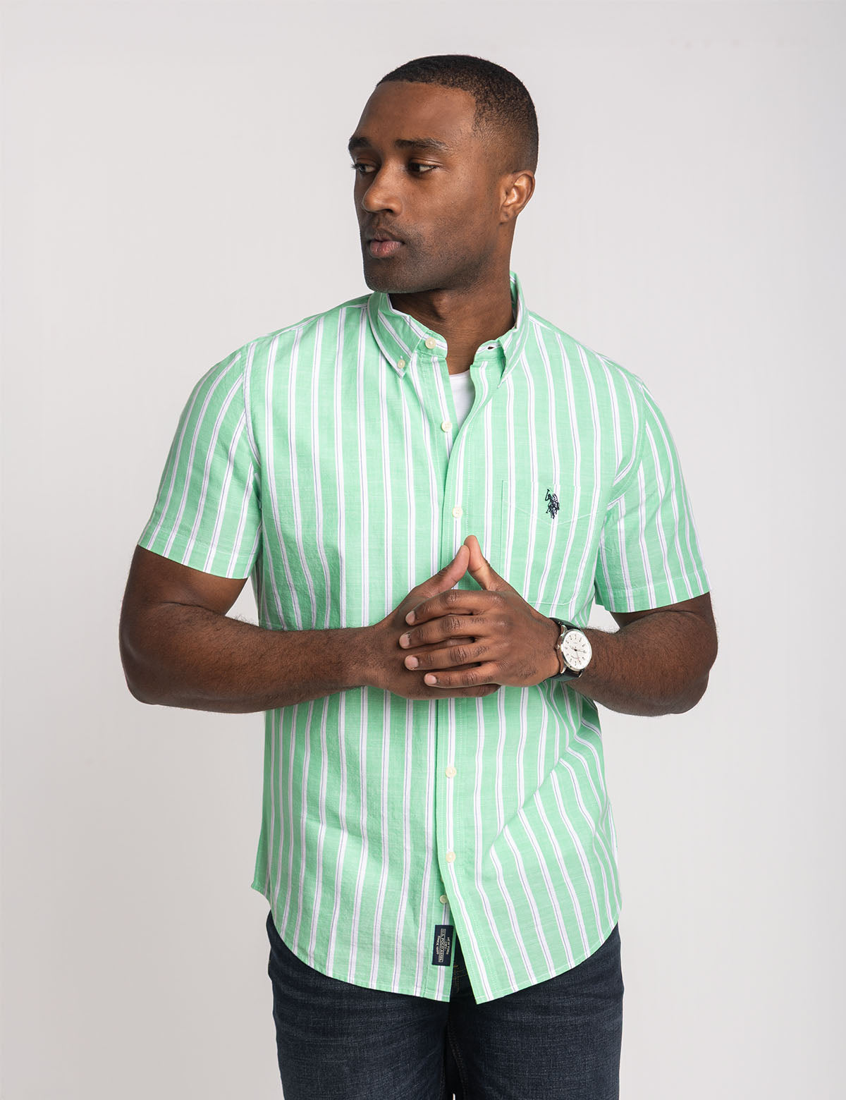 Vertical Stripe Poplin Shirt | Short Sleeve Casual Wear