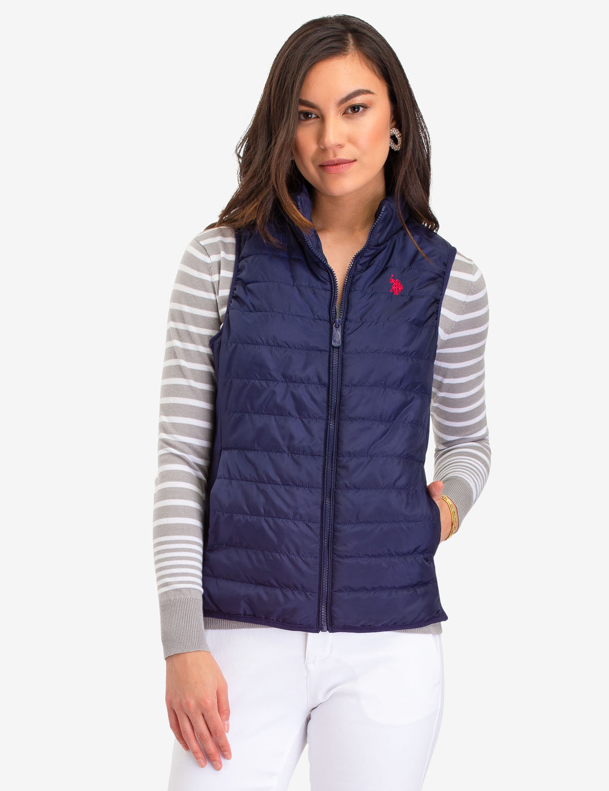 Lightweight Side Knit Puffer Vest with Zip Front | USPA
