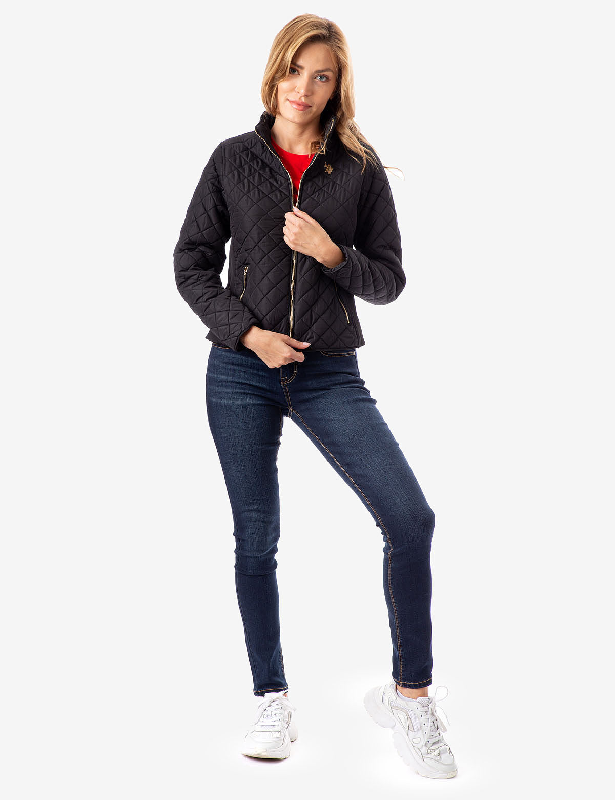 Quilted Jacket with Knit Side Panels & Zipper Pockets | Stand Collar Design