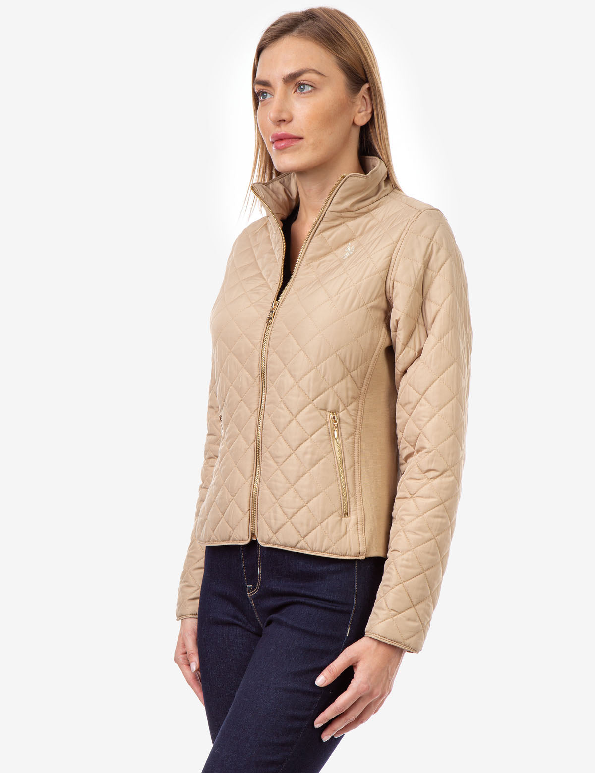 Quilted Jacket with Knit Side Panels & Zipper Pockets | Stand Collar Design