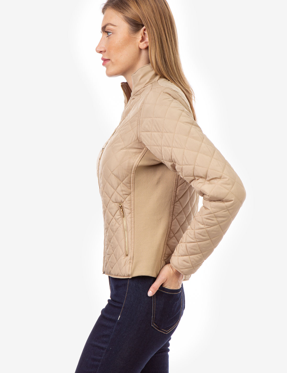 Quilted Jacket with Knit Side Panels & Zipper Pockets | Stand Collar Design