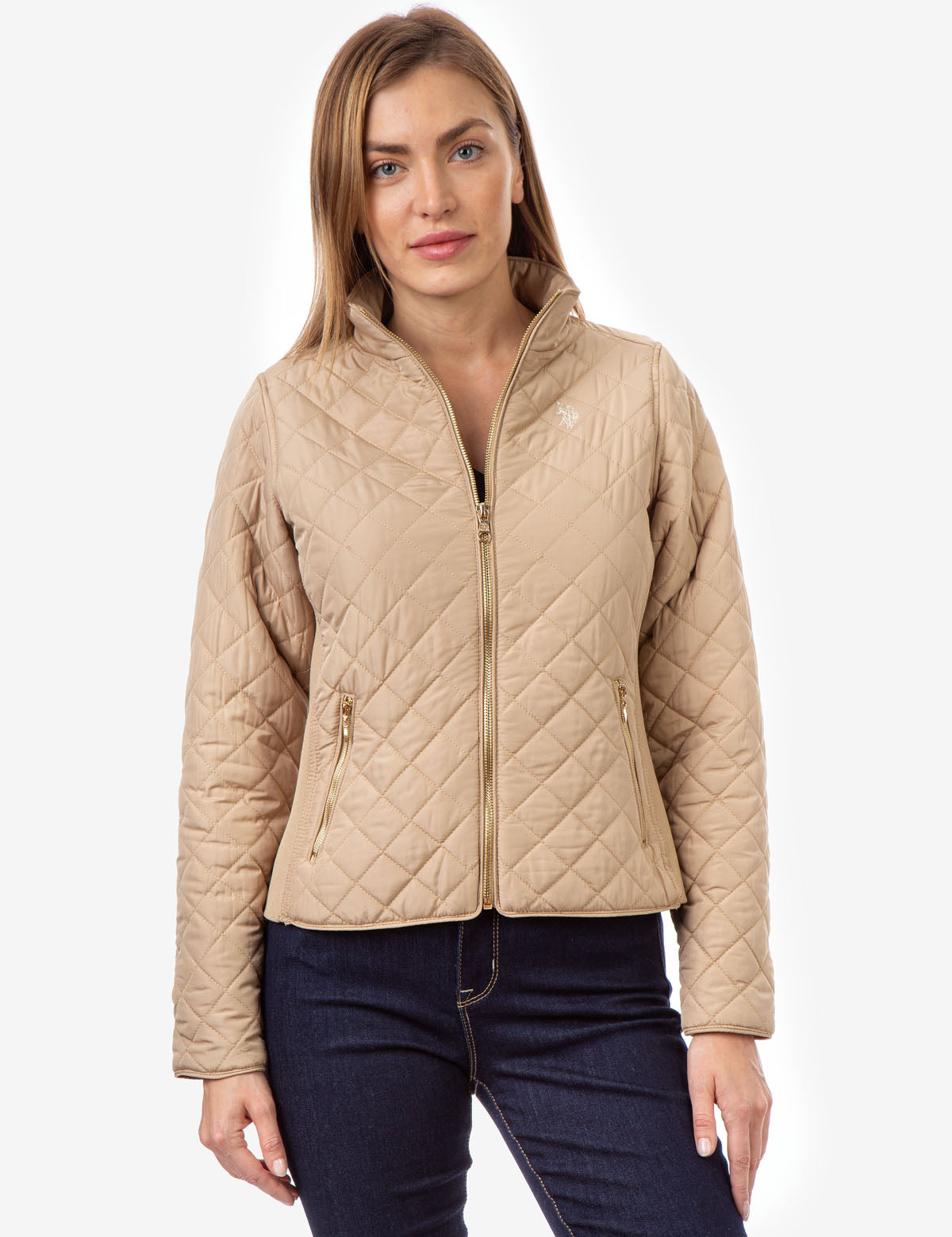 Quilted Jacket with Knit Side Panels & Zipper Pockets | Stand Collar Design